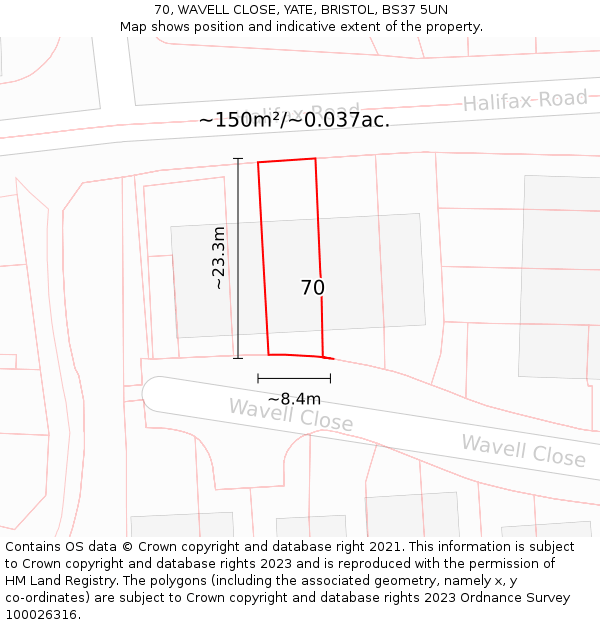 70, WAVELL CLOSE, YATE, BRISTOL, BS37 5UN: Plot and title map