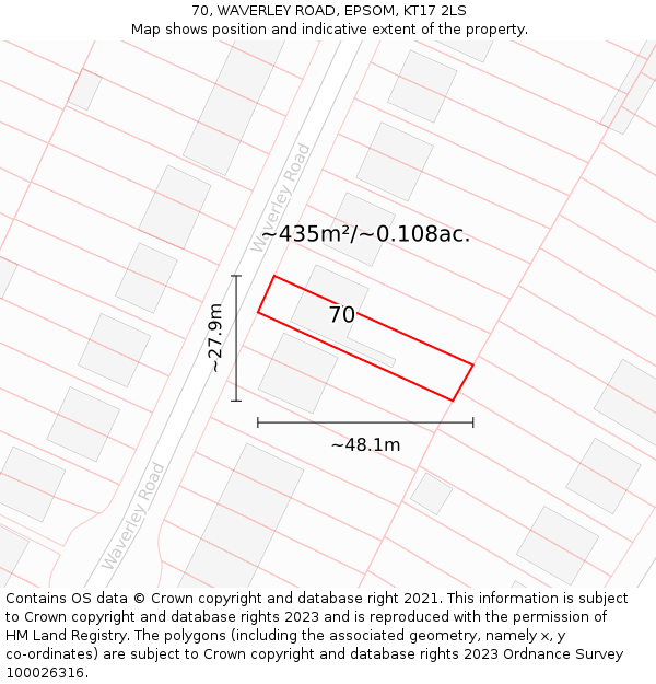 70, WAVERLEY ROAD, EPSOM, KT17 2LS: Plot and title map