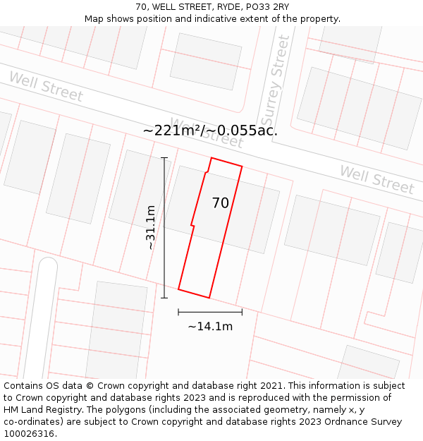 70, WELL STREET, RYDE, PO33 2RY: Plot and title map