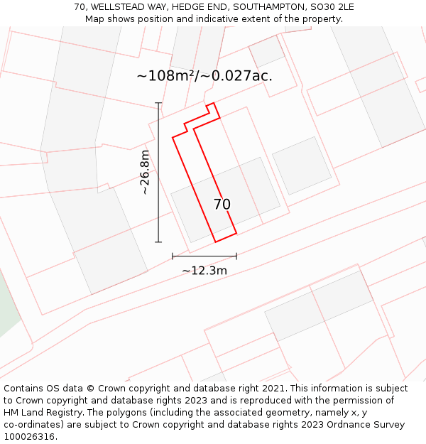 70, WELLSTEAD WAY, HEDGE END, SOUTHAMPTON, SO30 2LE: Plot and title map