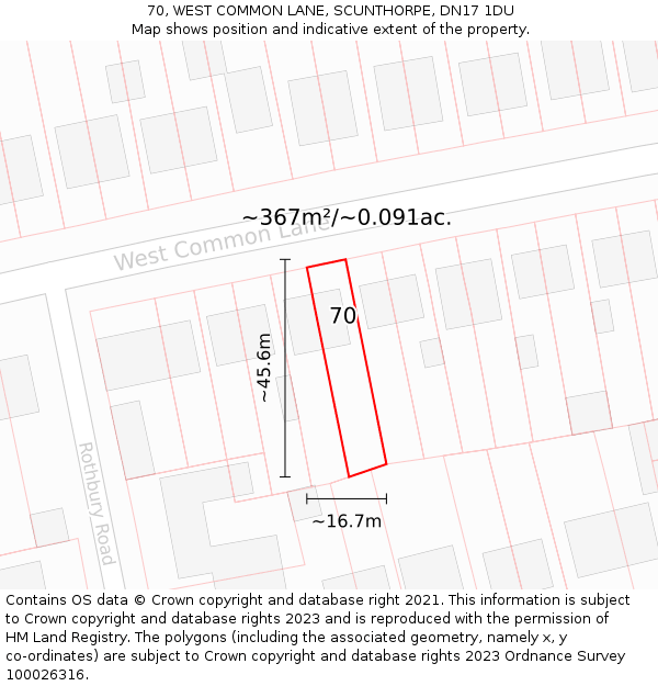 70, WEST COMMON LANE, SCUNTHORPE, DN17 1DU: Plot and title map