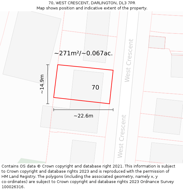 70, WEST CRESCENT, DARLINGTON, DL3 7PR: Plot and title map