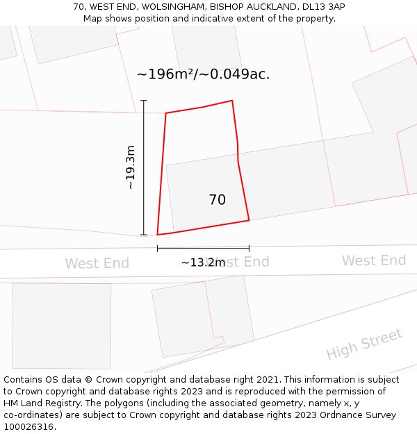 70, WEST END, WOLSINGHAM, BISHOP AUCKLAND, DL13 3AP: Plot and title map