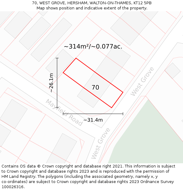 70, WEST GROVE, HERSHAM, WALTON-ON-THAMES, KT12 5PB: Plot and title map