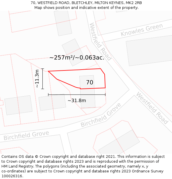 70, WESTFIELD ROAD, BLETCHLEY, MILTON KEYNES, MK2 2RB: Plot and title map