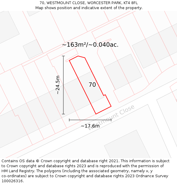 70, WESTMOUNT CLOSE, WORCESTER PARK, KT4 8FL: Plot and title map