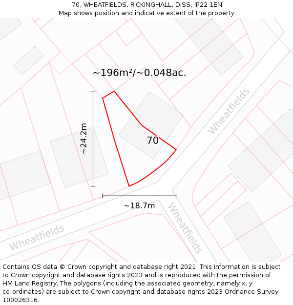 70, WHEATFIELDS, RICKINGHALL, DISS, IP22 1EN: Plot and title map