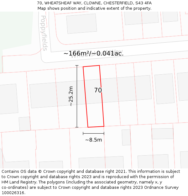 70, WHEATSHEAF WAY, CLOWNE, CHESTERFIELD, S43 4FA: Plot and title map