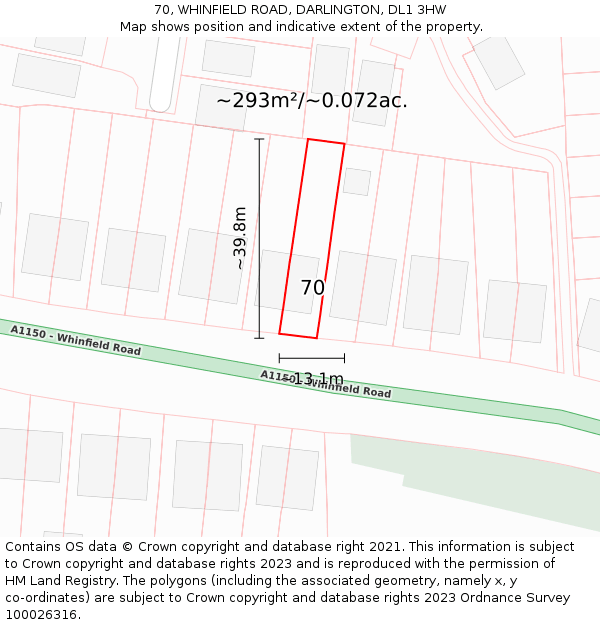 70, WHINFIELD ROAD, DARLINGTON, DL1 3HW: Plot and title map