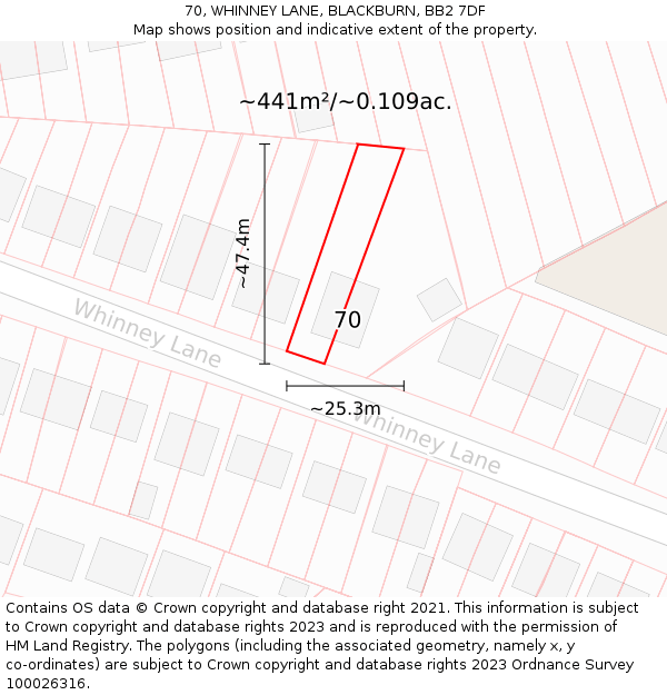 70, WHINNEY LANE, BLACKBURN, BB2 7DF: Plot and title map