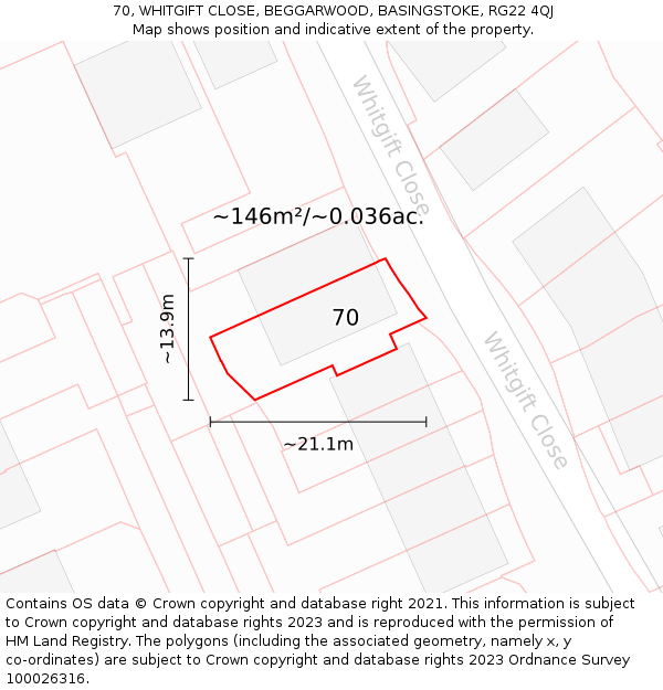 70, WHITGIFT CLOSE, BEGGARWOOD, BASINGSTOKE, RG22 4QJ: Plot and title map