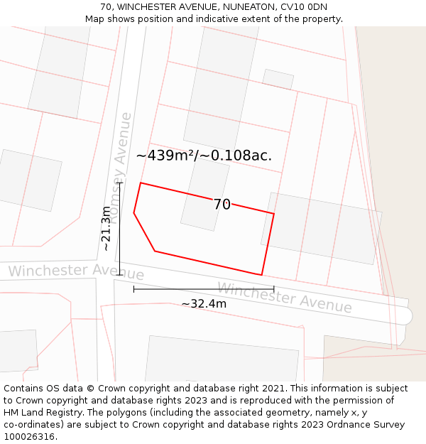 70, WINCHESTER AVENUE, NUNEATON, CV10 0DN: Plot and title map