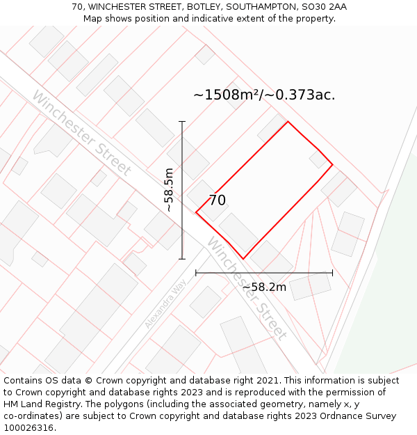 70, WINCHESTER STREET, BOTLEY, SOUTHAMPTON, SO30 2AA: Plot and title map