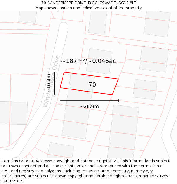 70, WINDERMERE DRIVE, BIGGLESWADE, SG18 8LT: Plot and title map