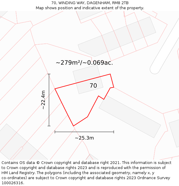 70, WINDING WAY, DAGENHAM, RM8 2TB: Plot and title map