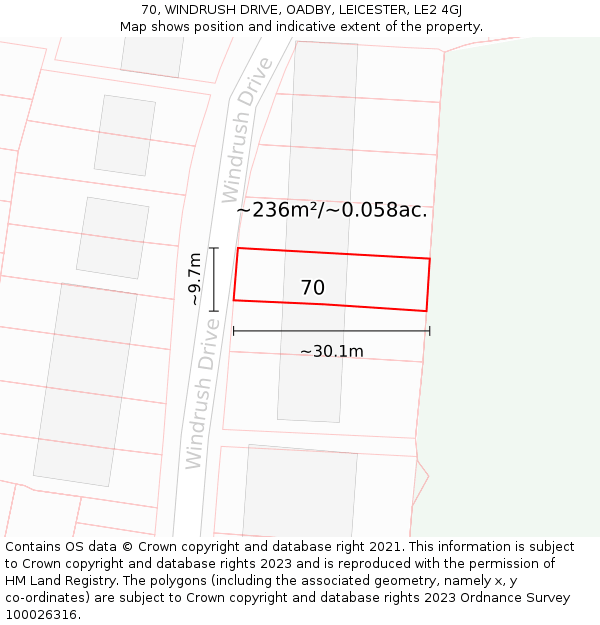 70, WINDRUSH DRIVE, OADBY, LEICESTER, LE2 4GJ: Plot and title map