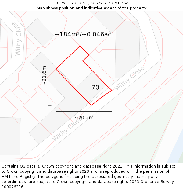70, WITHY CLOSE, ROMSEY, SO51 7SA: Plot and title map