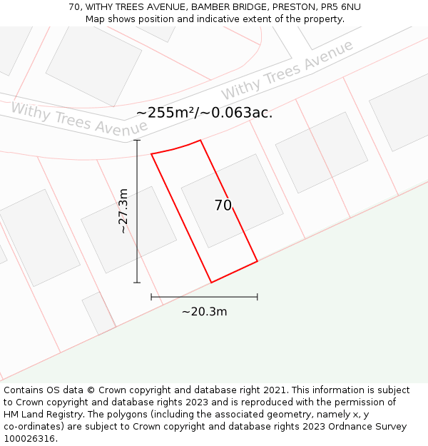 70, WITHY TREES AVENUE, BAMBER BRIDGE, PRESTON, PR5 6NU: Plot and title map