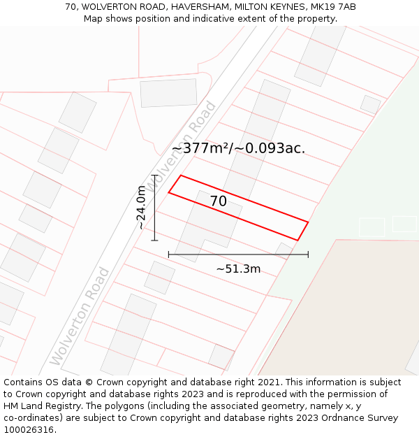 70, WOLVERTON ROAD, HAVERSHAM, MILTON KEYNES, MK19 7AB: Plot and title map