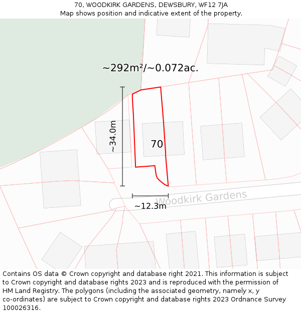 70, WOODKIRK GARDENS, DEWSBURY, WF12 7JA: Plot and title map