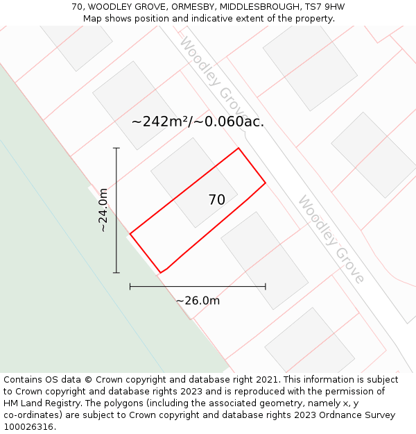 70, WOODLEY GROVE, ORMESBY, MIDDLESBROUGH, TS7 9HW: Plot and title map