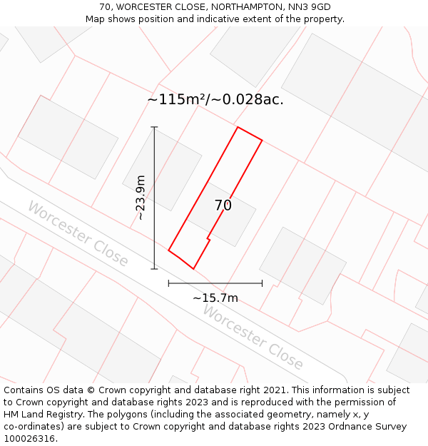 70, WORCESTER CLOSE, NORTHAMPTON, NN3 9GD: Plot and title map