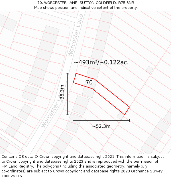 70, WORCESTER LANE, SUTTON COLDFIELD, B75 5NB: Plot and title map