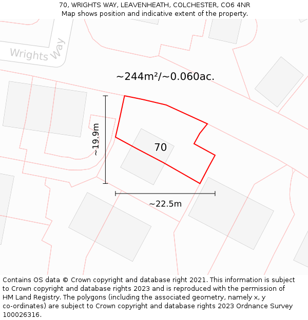 70, WRIGHTS WAY, LEAVENHEATH, COLCHESTER, CO6 4NR: Plot and title map