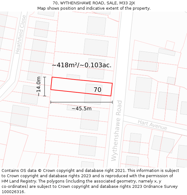 70, WYTHENSHAWE ROAD, SALE, M33 2JX: Plot and title map