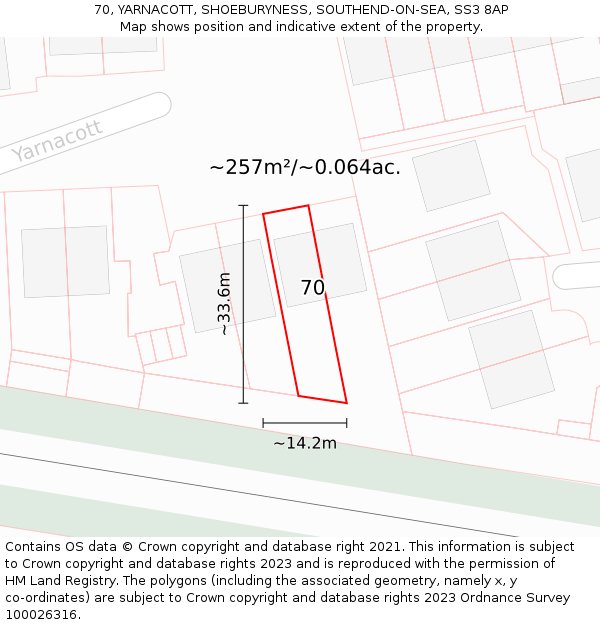 70, YARNACOTT, SHOEBURYNESS, SOUTHEND-ON-SEA, SS3 8AP: Plot and title map