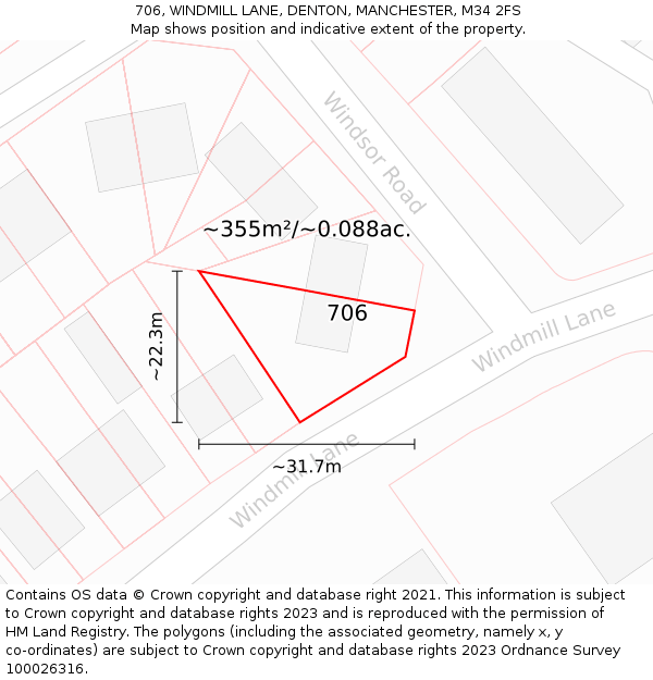 706, WINDMILL LANE, DENTON, MANCHESTER, M34 2FS: Plot and title map