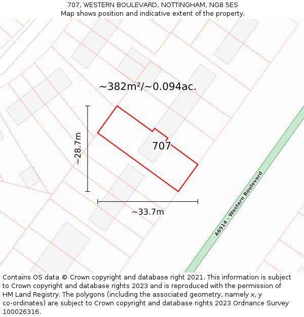 707, WESTERN BOULEVARD, NOTTINGHAM, NG8 5ES: Plot and title map