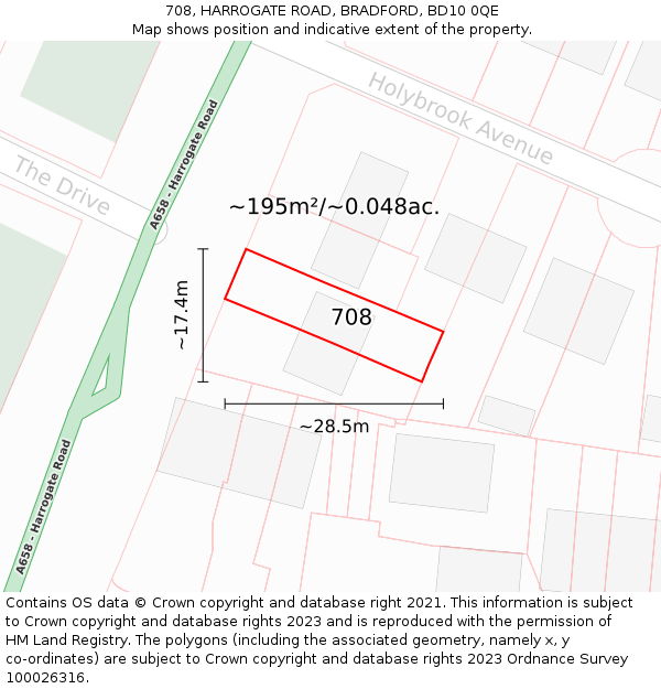 708, HARROGATE ROAD, BRADFORD, BD10 0QE: Plot and title map