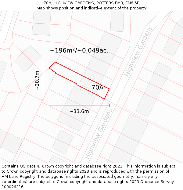 70A, HIGHVIEW GARDENS, POTTERS BAR, EN6 5PJ: Plot and title map