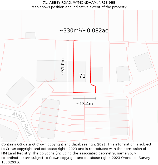 71, ABBEY ROAD, WYMONDHAM, NR18 9BB: Plot and title map