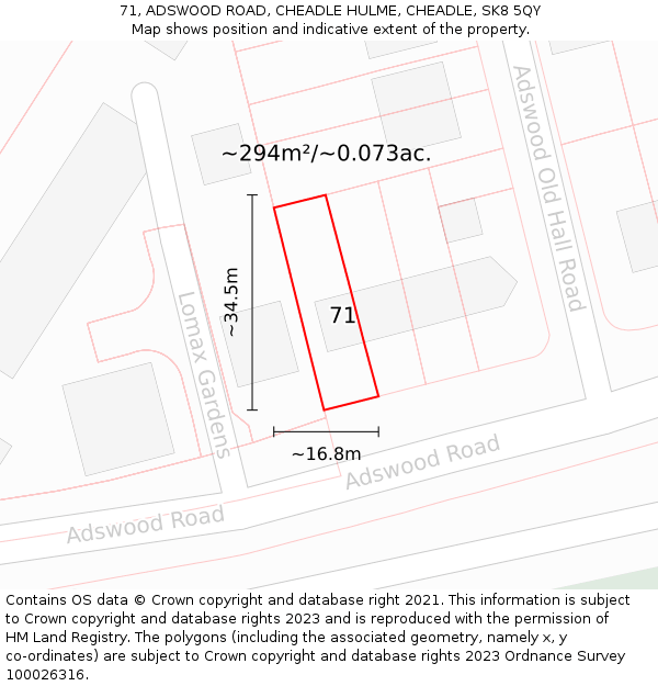 71, ADSWOOD ROAD, CHEADLE HULME, CHEADLE, SK8 5QY: Plot and title map