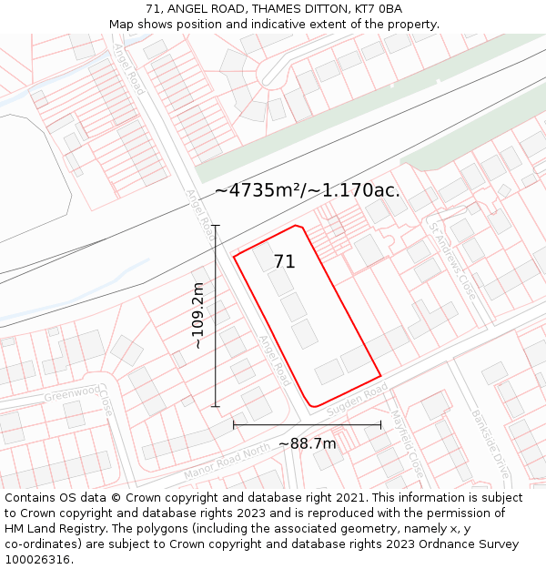 71, ANGEL ROAD, THAMES DITTON, KT7 0BA: Plot and title map