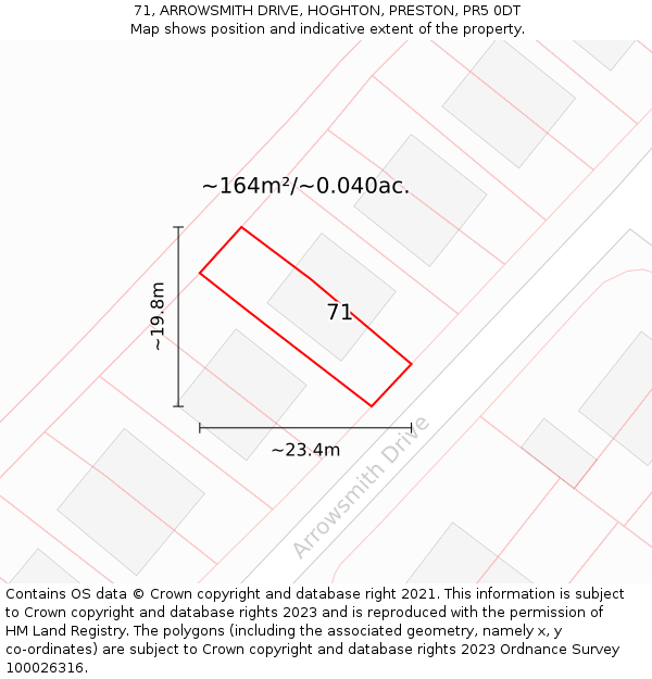 71, ARROWSMITH DRIVE, HOGHTON, PRESTON, PR5 0DT: Plot and title map