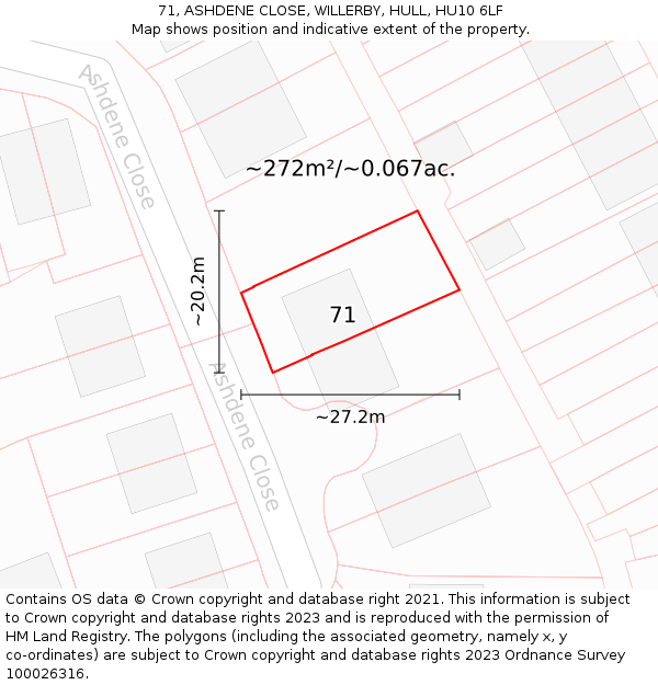 71, ASHDENE CLOSE, WILLERBY, HULL, HU10 6LF: Plot and title map