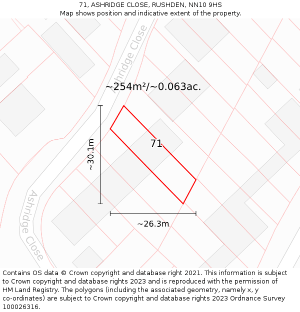 71, ASHRIDGE CLOSE, RUSHDEN, NN10 9HS: Plot and title map