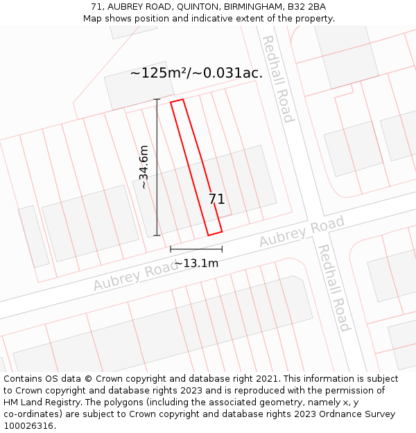 71, AUBREY ROAD, QUINTON, BIRMINGHAM, B32 2BA: Plot and title map