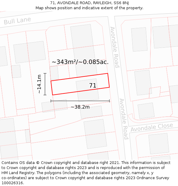 71, AVONDALE ROAD, RAYLEIGH, SS6 8NJ: Plot and title map