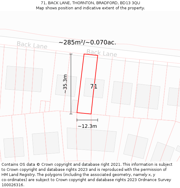 71, BACK LANE, THORNTON, BRADFORD, BD13 3QU: Plot and title map