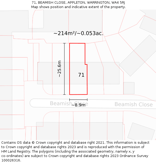 71, BEAMISH CLOSE, APPLETON, WARRINGTON, WA4 5RJ: Plot and title map