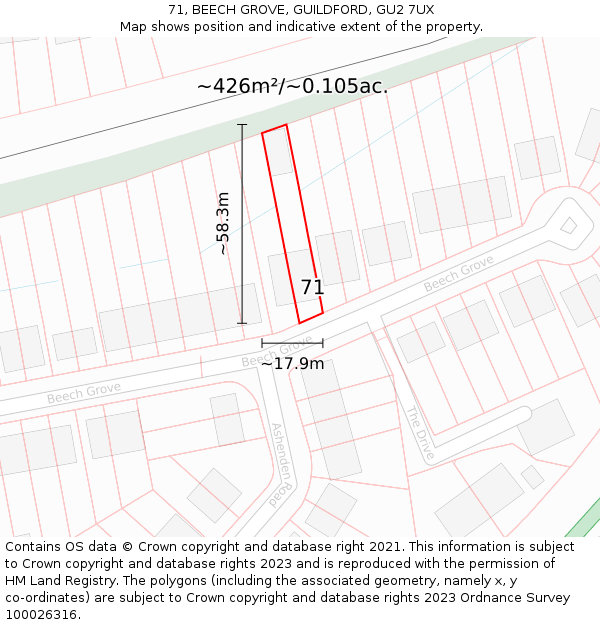 71, BEECH GROVE, GUILDFORD, GU2 7UX: Plot and title map