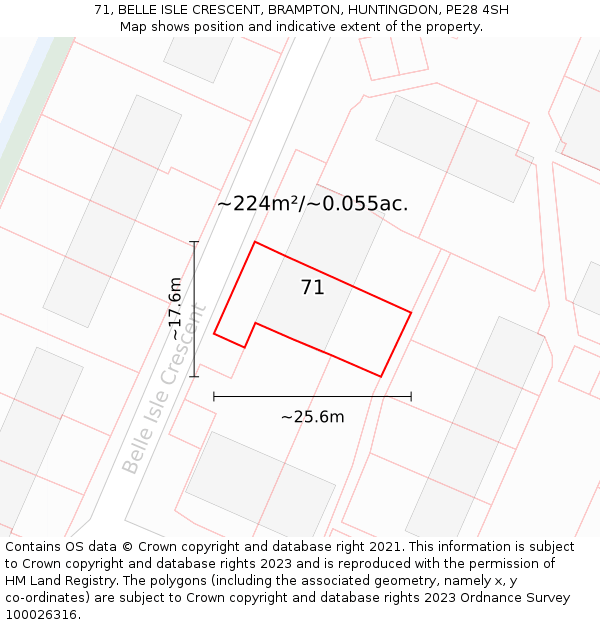 71, BELLE ISLE CRESCENT, BRAMPTON, HUNTINGDON, PE28 4SH: Plot and title map