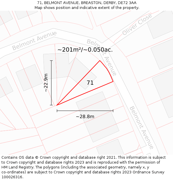 71, BELMONT AVENUE, BREASTON, DERBY, DE72 3AA: Plot and title map