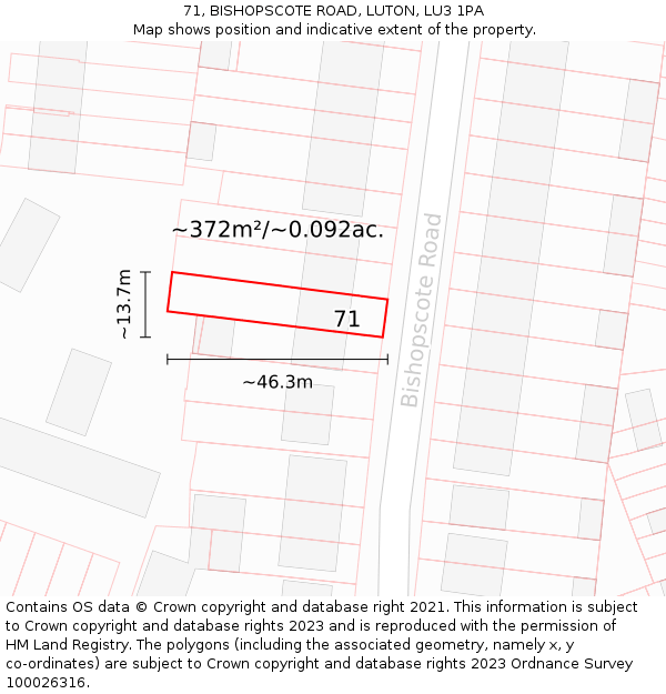 71, BISHOPSCOTE ROAD, LUTON, LU3 1PA: Plot and title map