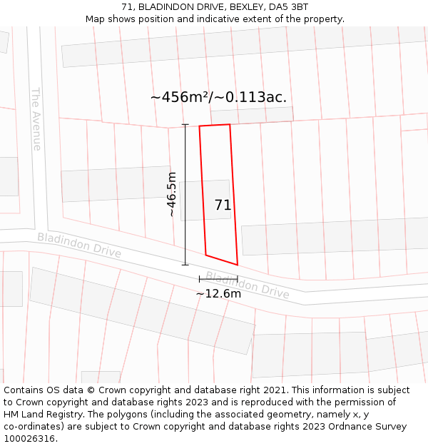 71, BLADINDON DRIVE, BEXLEY, DA5 3BT: Plot and title map