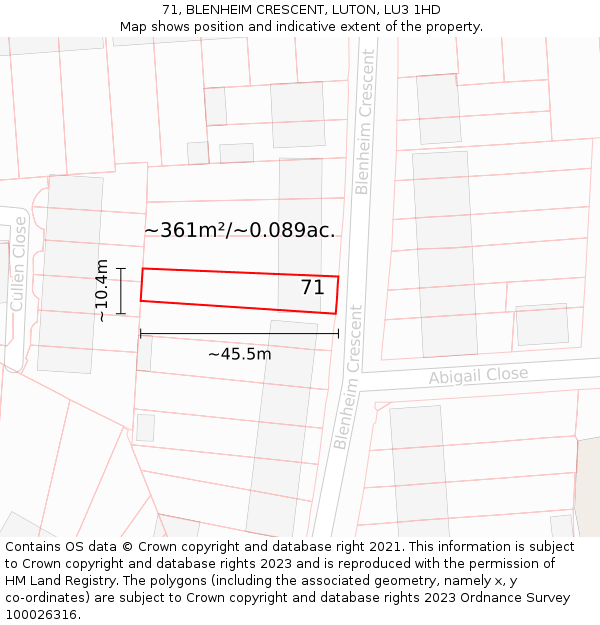 71, BLENHEIM CRESCENT, LUTON, LU3 1HD: Plot and title map